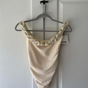 SAME Cream One-Shoulder Floral Trim One-Piece Swimsuit